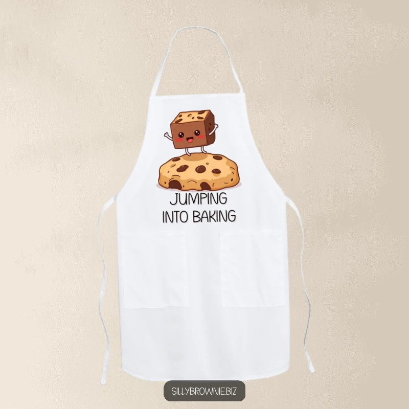 Funny apron showing a square brownie character with legs enthusiastically jumping over a giant cookie crumb, perfect for a humorous kitchen.