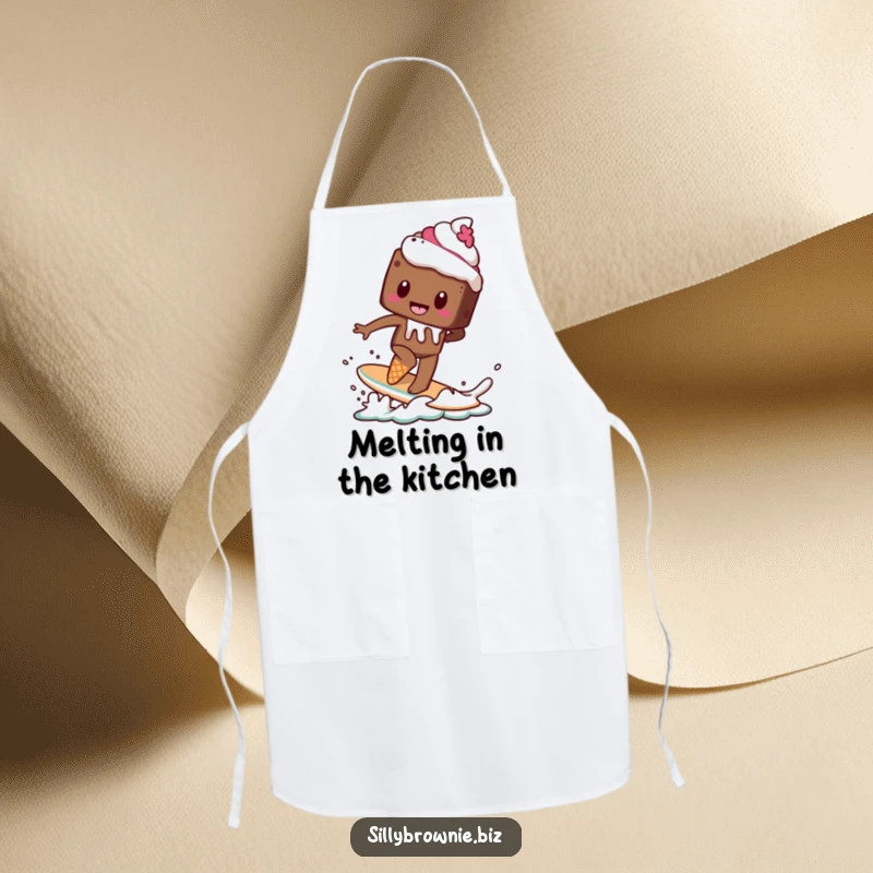 Funny apron showing a brownie character attempting to surf on a melting ice cream cone, perfect for a humorous kitchen.