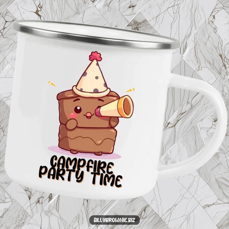 Funny camping mug featuring a brownie character in a small party hat blowing a tiny horn, perfect for outdoor parties.