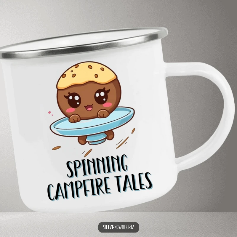 Funny camping mug featuring a round brownie character with googly eyes spinning on a plate, perfect for outdoor amusement.