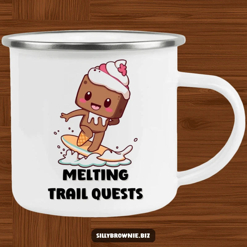Funny camping mug featuring a brownie character attempting to surf on a melting ice cream cone, perfect for outdoor adventures.