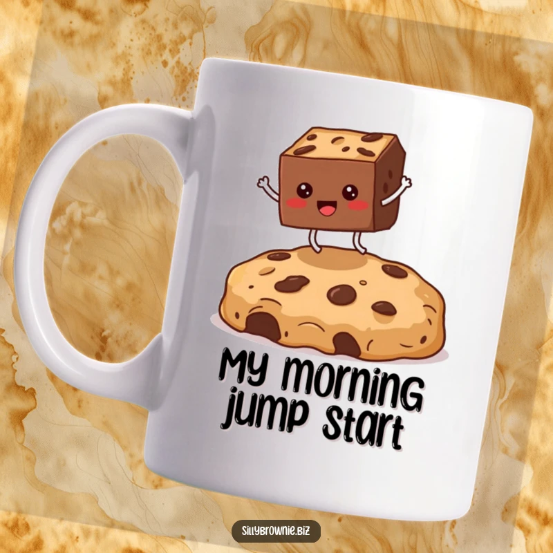 Funny mug with a square brownie character with tiny legs joyfully jumping over a huge cookie crumb, celebrating dessert antics.