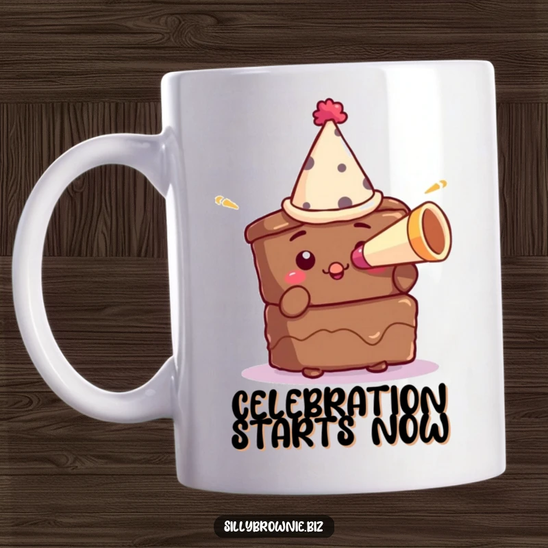 Funny mug featuring a brownie character wearing a small party hat and blowing a tiny party horn, embodying festive cheer.