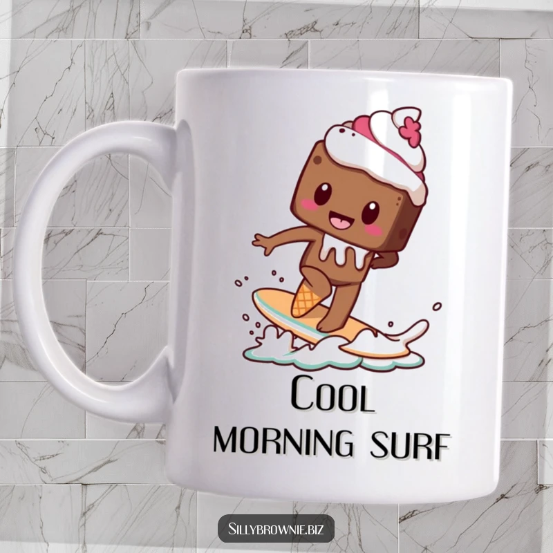 Funny mug featuring a brownie character attempting to surf on a melting ice cream cone, depicting a hilarious, sweet adventure.