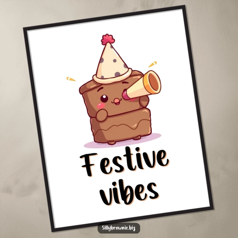 Funny digital art of a brownie character in a small party hat blowing a tiny horn, capturing the essence of celebration.
