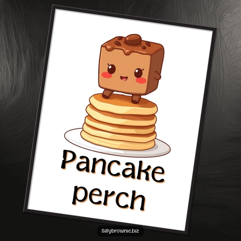 Funny digital art of a brownie character grinning while balancing on a wobbly stack of pancakes, capturing delightful breakfast determination.