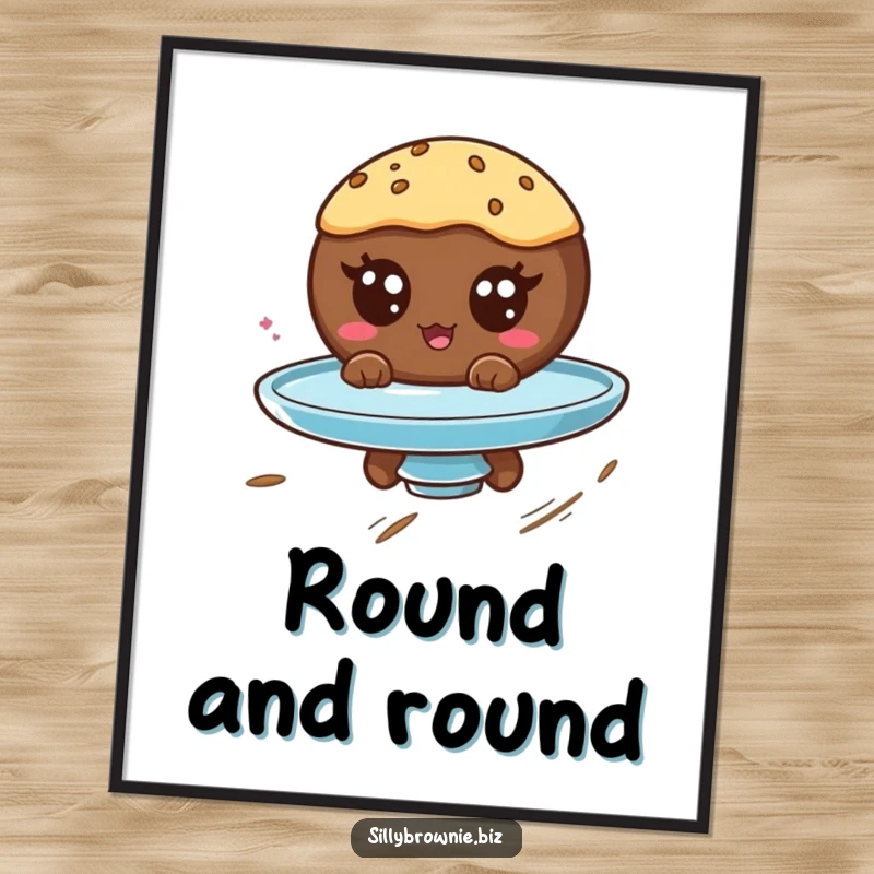 Funny digital art of a round brownie character with googly eyes spinning on a plate, capturing playful, dizzy energy.