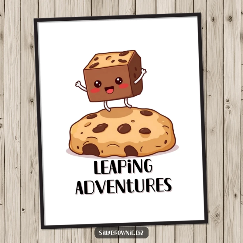 Funny digital art of a square brownie character with legs enthusiastically jumping over a huge cookie crumb, capturing dessert comedy.