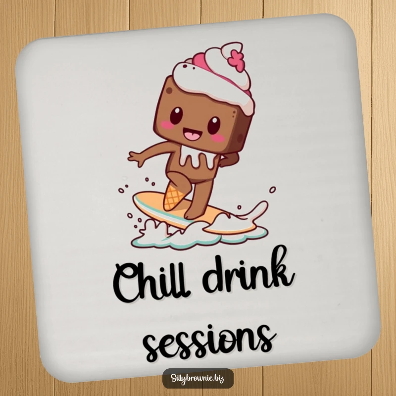 Funny drink coaster with a brownie character attempting to surf on a melting ice cream cone, adding a touch of sweet fun.
