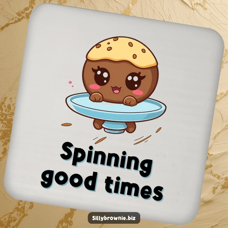 Funny drink coaster with a round brownie character with googly eyes spinning on a plate, adding a touch of whimsical fun.