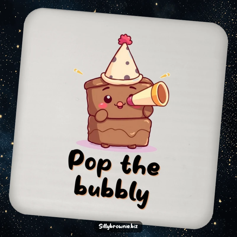 Funny drink coaster with a brownie character in a tiny party hat blowing a miniature horn, adding festive fun to tables.