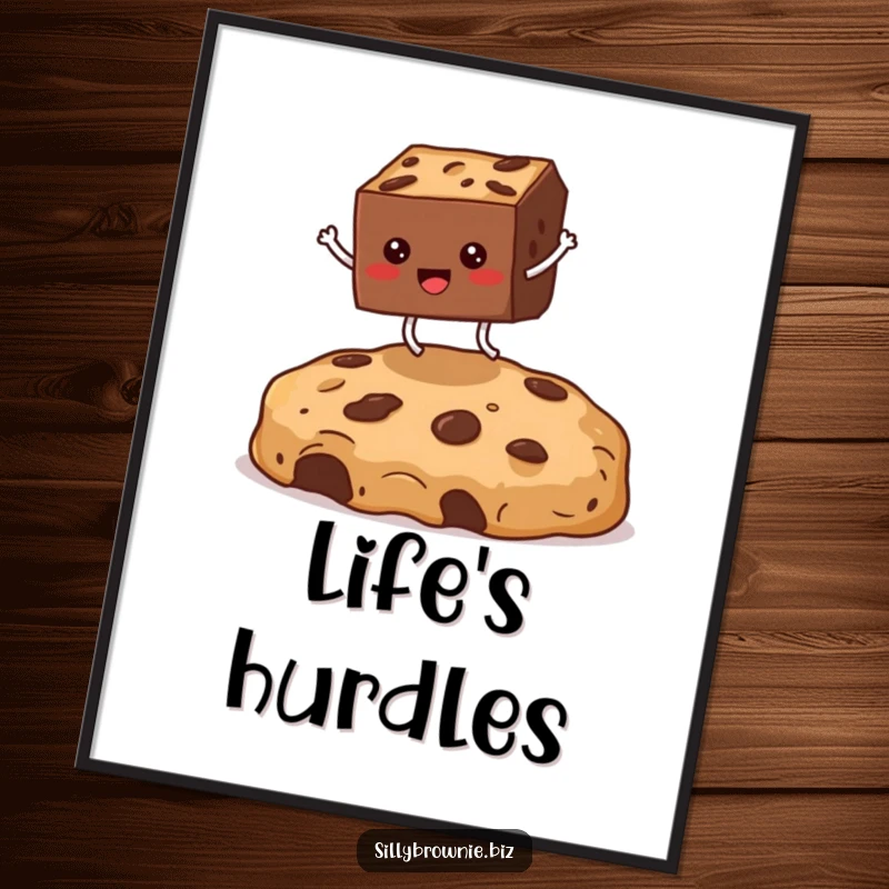 Funny poster art of a square brownie with legs enthusiastically jumping over a colossal cookie crumb, showcasing dessert-themed humor.