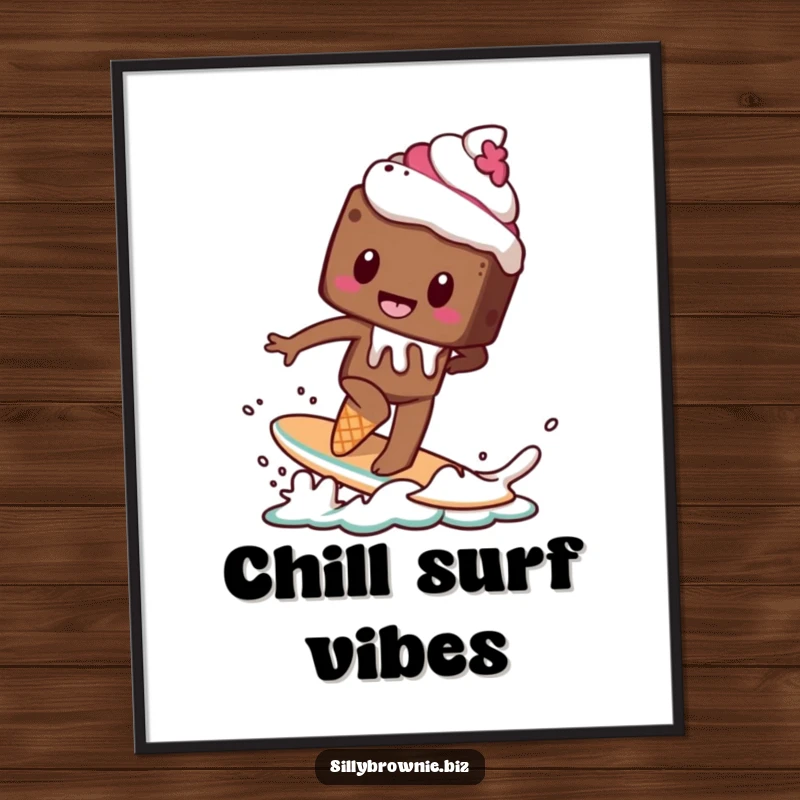 Funny poster art of a brownie character attempting to surf on a melting ice cream cone, capturing the essence of sweet risk.