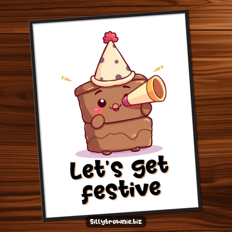 Funny poster art of a brownie character wearing a small party hat and blowing a miniature horn, conveying pure celebration.