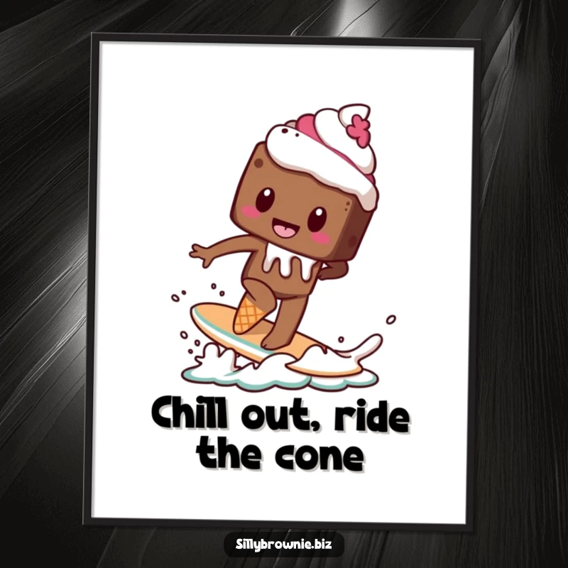 Funny Free Printable Wall Art: A brownie character is attempting to ride a melting ice cream cone as if it were a surfboard.