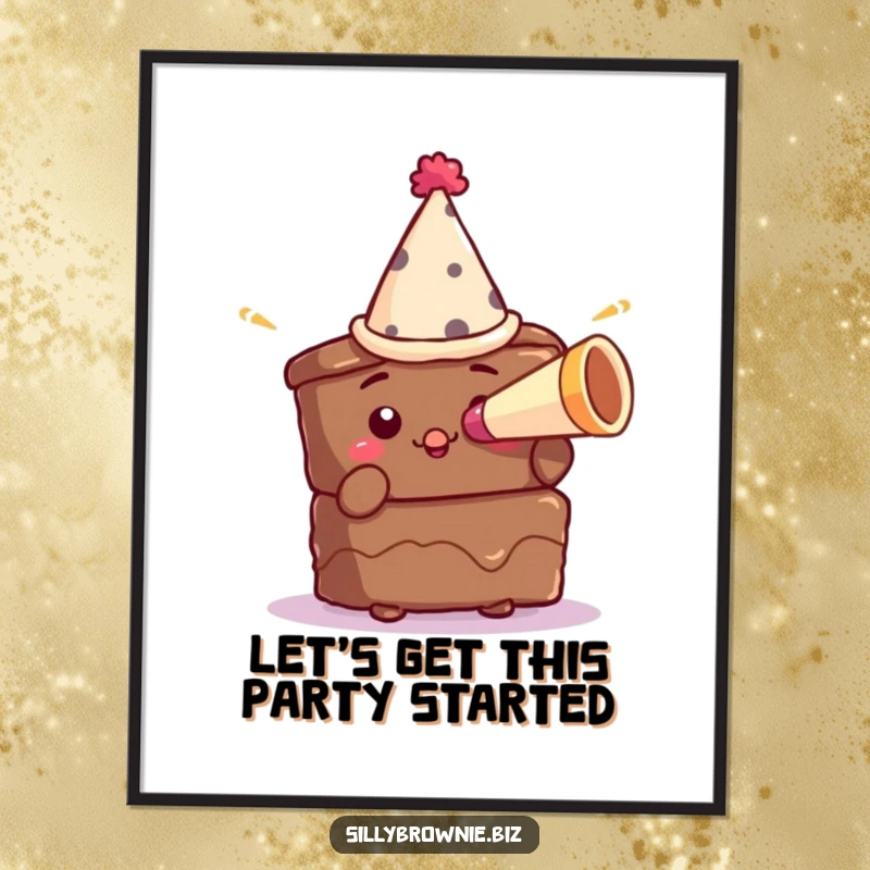 Funny Free Printable Wall Art: A brownie character wearing a small party hat blows a tiny party horn with excitement.