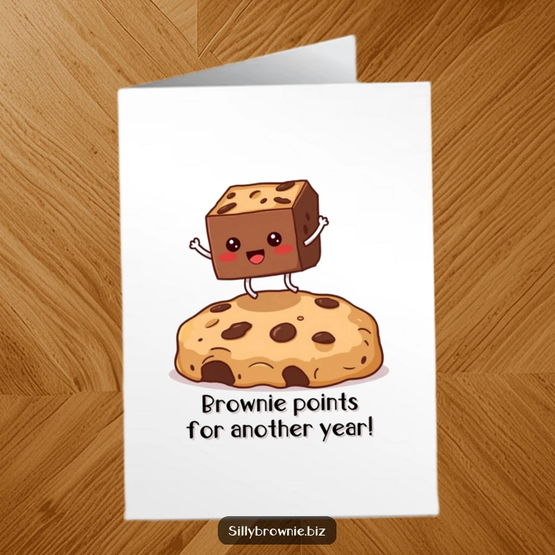 Funny Free Printable Birthday Card: Square brownie with legs jumping over a giant cookie crumb, celebrating with energy.