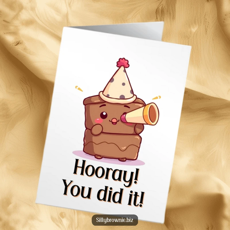 Funny Free Printable Congratulations Card: A brownie wearing a party hat blows a small party horn, cheering loud.