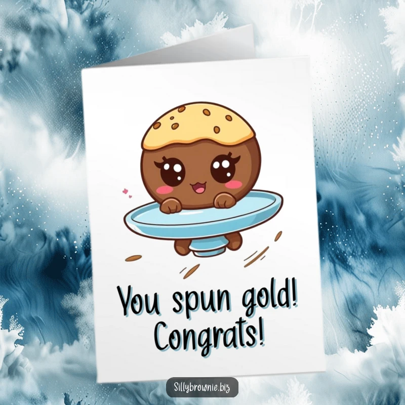 Funny Free Printable Congratulations Card: A round brownie with googly eyes joyfully rides on a spinning plate, celebrating.