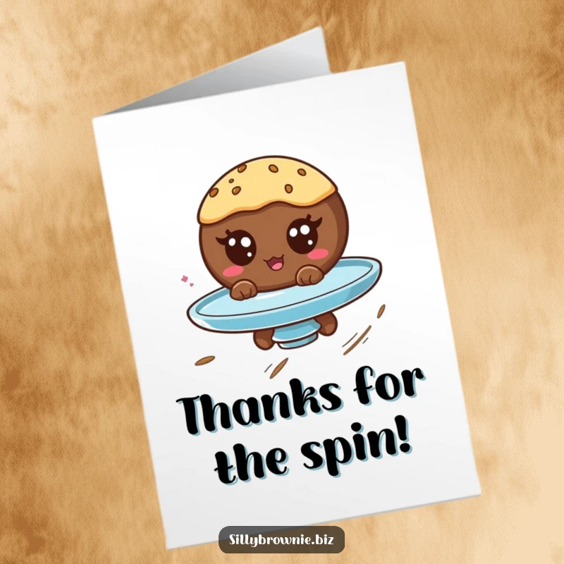 Funny Free Printable Thank You Card: A round brownie with googly eyes is spinning cheerfully on a plate, saying thanks.