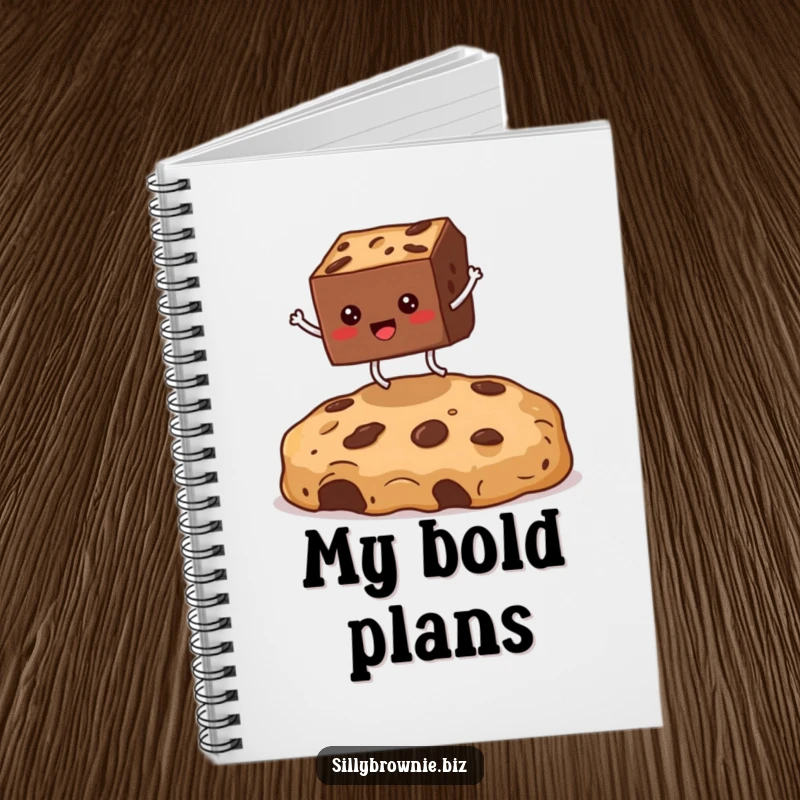 Funny notebook with a square brownie character with tiny legs jumping over a large cookie crumb, ideal for humorous note-taking.