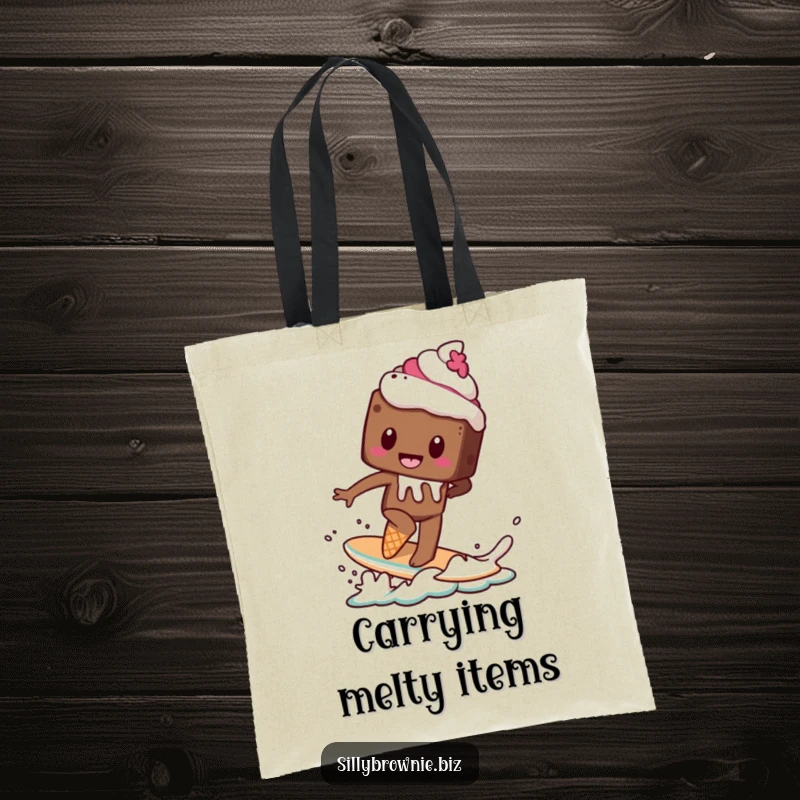 Funny tote bag showcasing a brownie character attempting to surf on a melting ice cream cone, perfect for carrying humor.